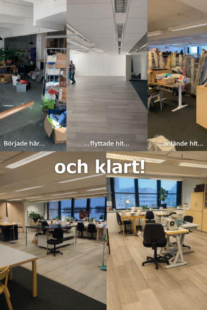 Fyra bilder visar en kontorsflytt från ett stökigt utrymme till ett färdigt, organiserat arbetsrum med symaskiner och skrivbord.