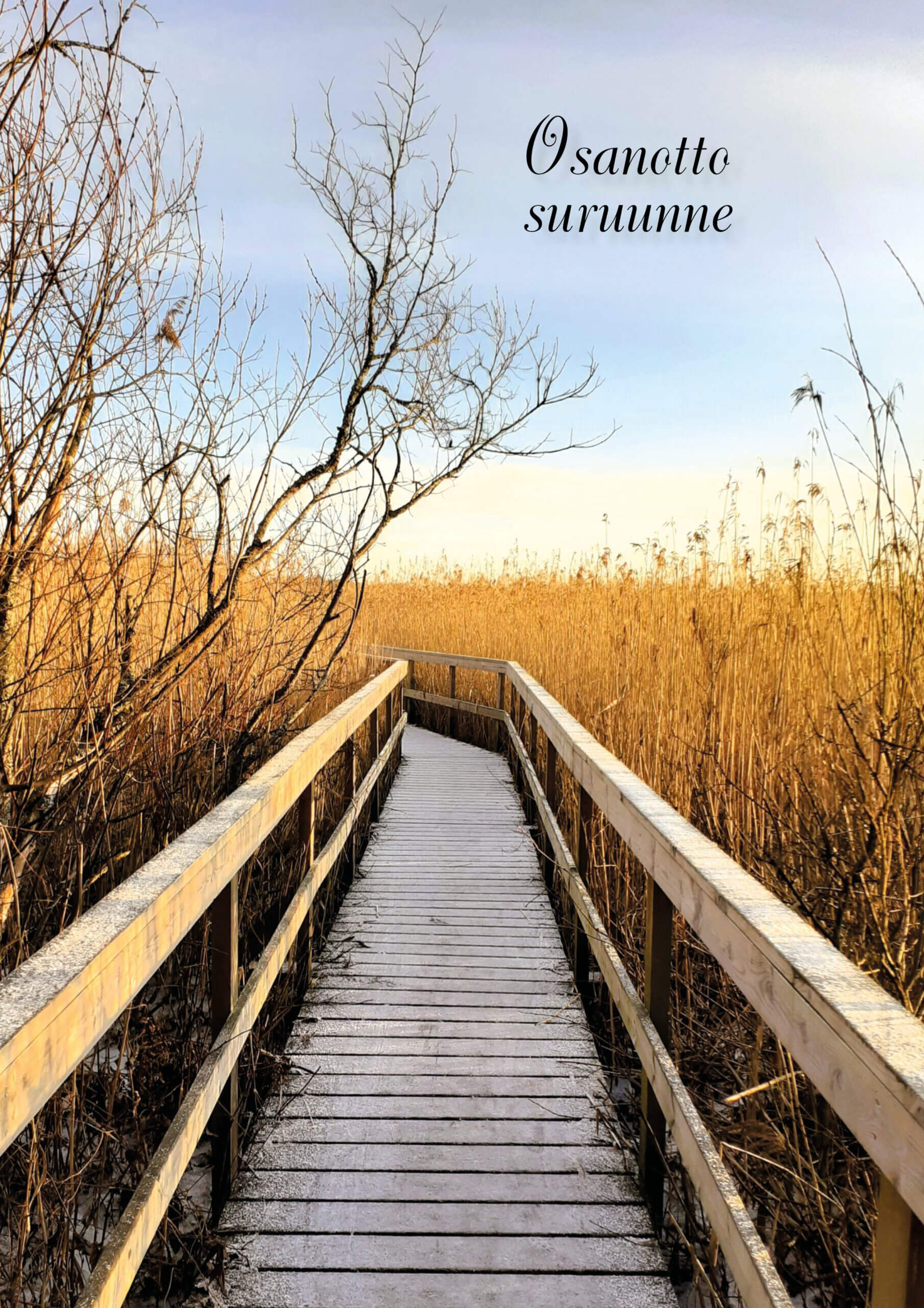 Puinen polku kulkee korkeiden heinien keskellä, taustalla on sininen taivas ja teksti "Osanotto suruunne".