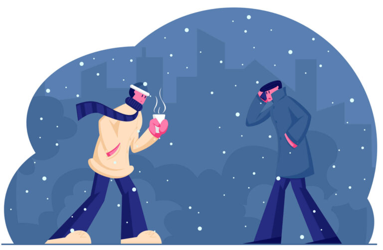 Kaksi henkilöä kävelee talvisessa maisemassa lumisateessa, toinen pitää kuumaa juomaa kädessään.