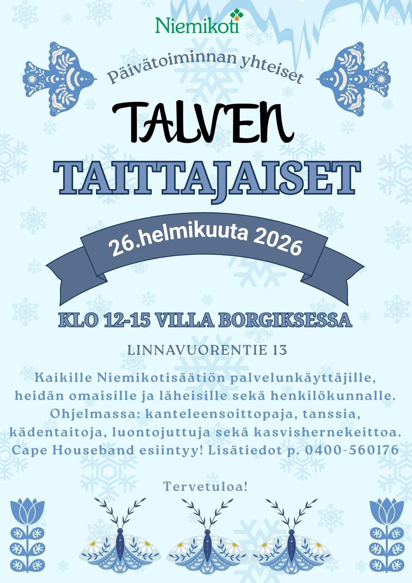 Affisch för Talven Taittajaiset den 26 februari 2026, kl. 12-15 på Villa Borgiksen, med program för deltagare och deras anhöriga.