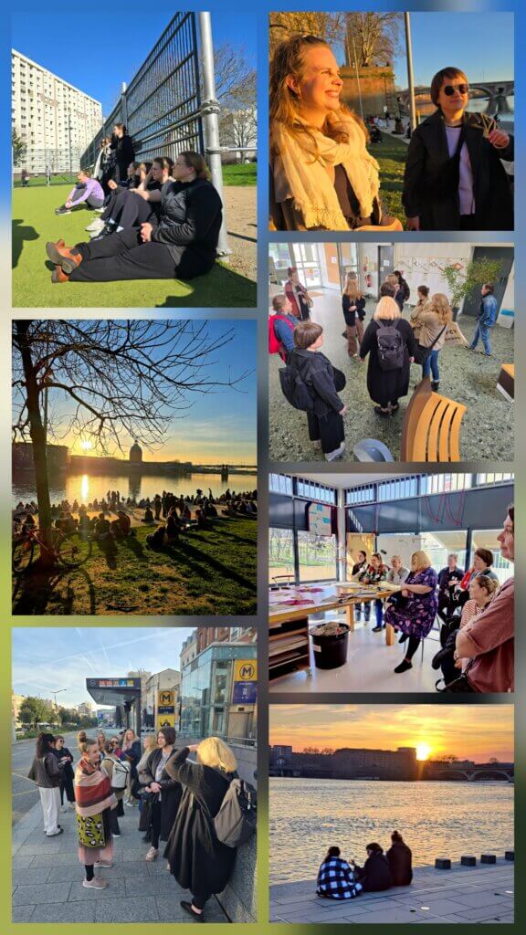 Kuvassa on kokoelma erilaisia hetkiä, joissa ihmiset nauttivat ulkoilmasta, keskustelusta ja auringonlaskusta eri paikoissa.