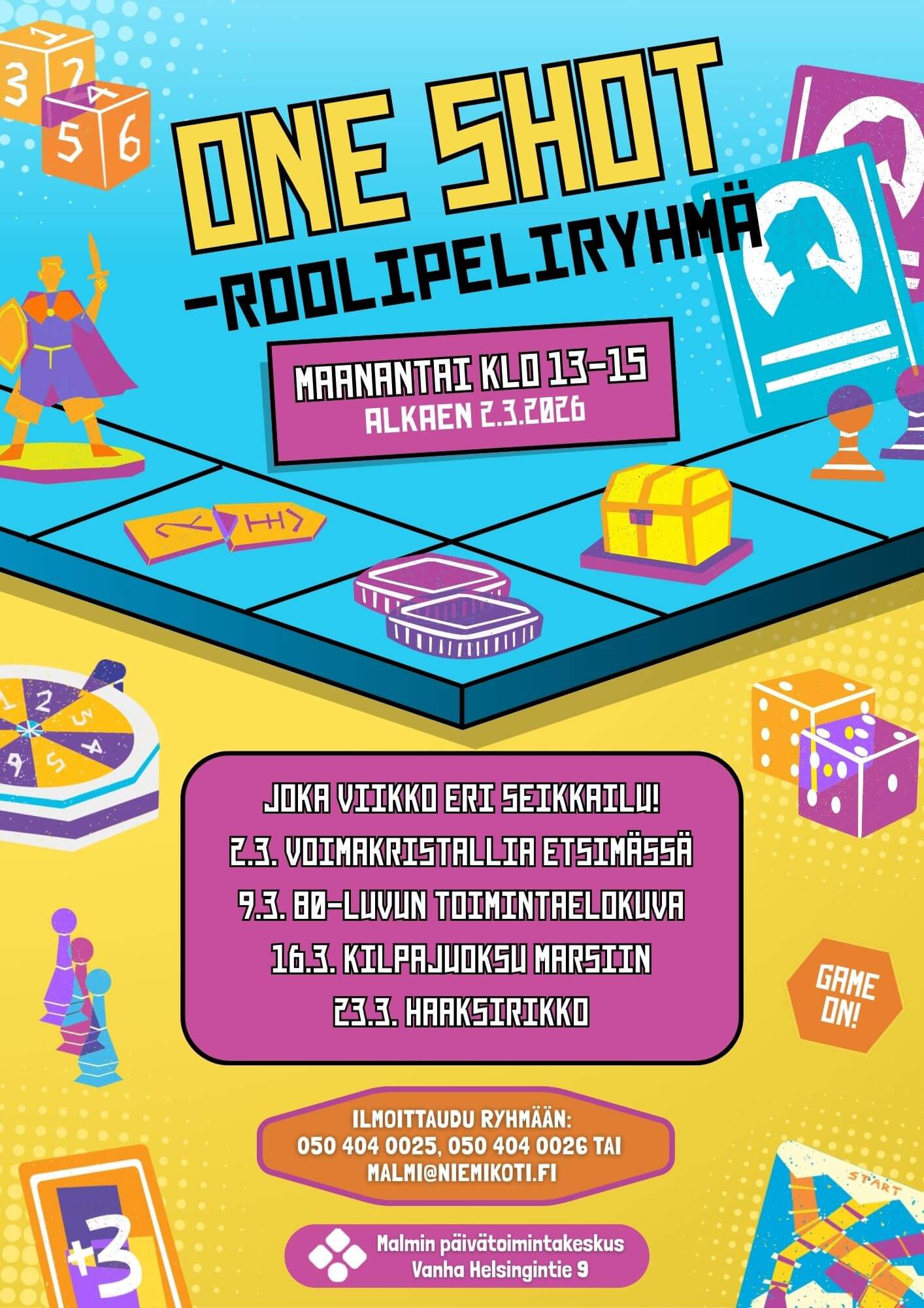 One Shot -roolipeliryhmän ilmoitus, jossa kerrotaan aikataulu ja tulevat seikkailut.