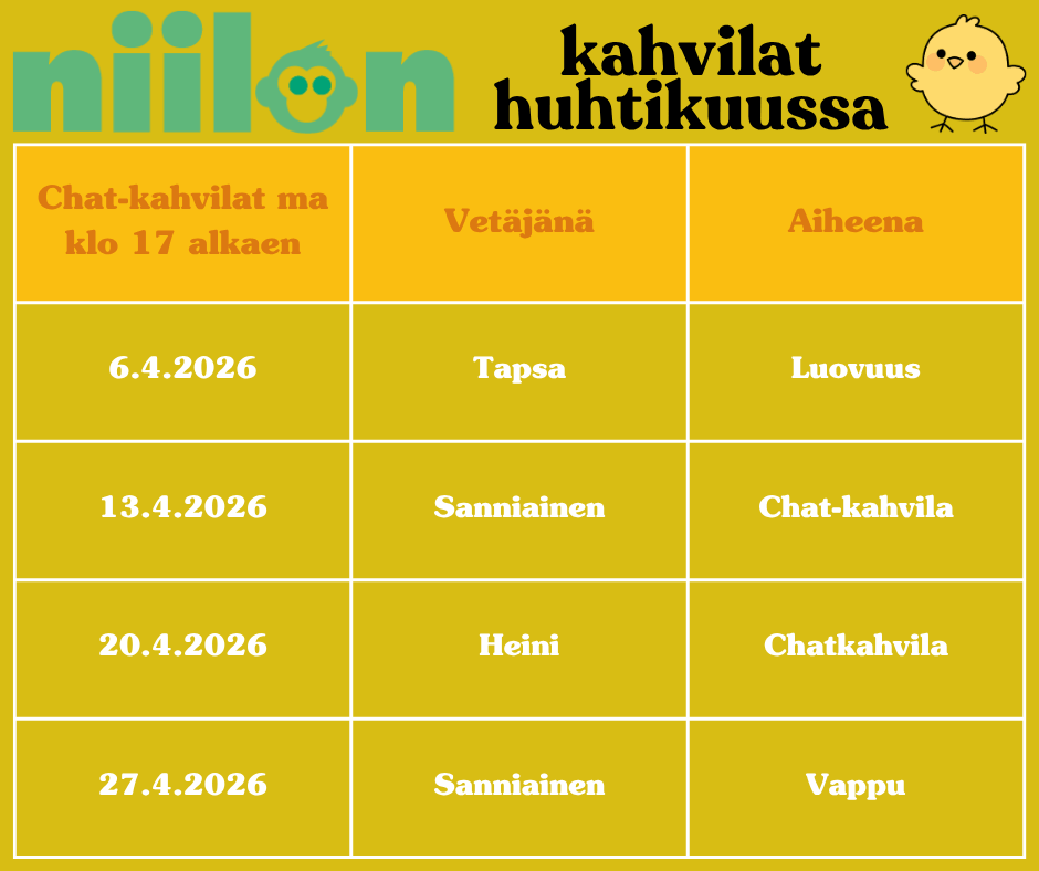 Taulukko, jossa on tietoa huhtikuussa 2026 järjestettävistä chat-kahviloista, niiden vetäjistä ja aiheista.