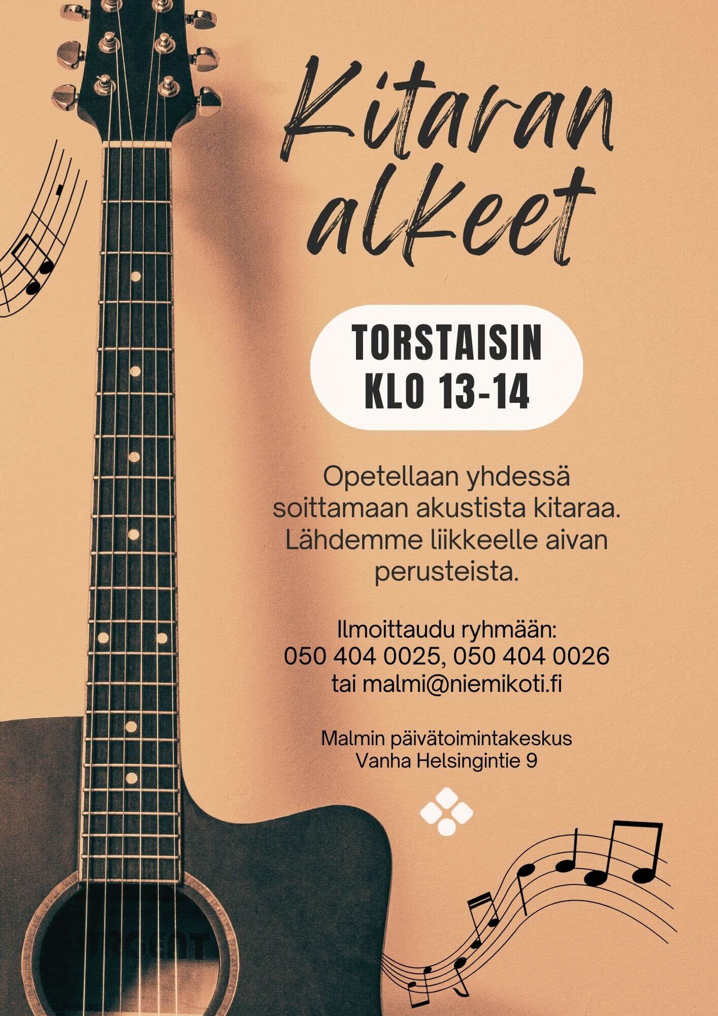 Kuvassa on kitaran kuva ja ilmoitus kitaran alkeiskurssista, joka pidetään torstaisin klo 13-14 Malmin päivätointikeskuksessa.
