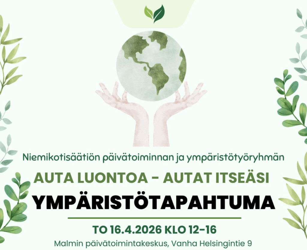 Juliste, jossa kehotetaan osallistumaan ympäristötapahtumaan 16. huhtikuuta 2026, Malmin päivätointimakeskuksessa.