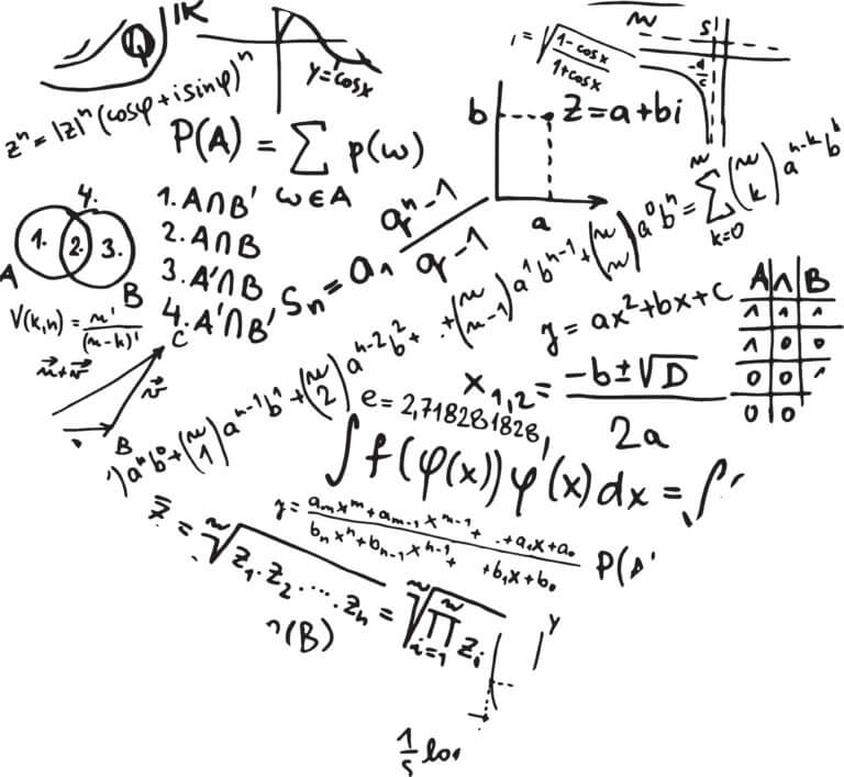 Sydänmuotoon piirrettyjä matemaattisia kaavoja ja symboleja.