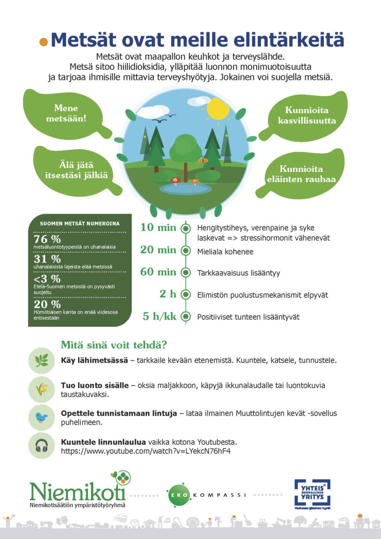 Metsäluontoa esittelevä infografiikka, joka korostaa metsien merkitystä terveyden ja hyvinvoinnin kannalta.