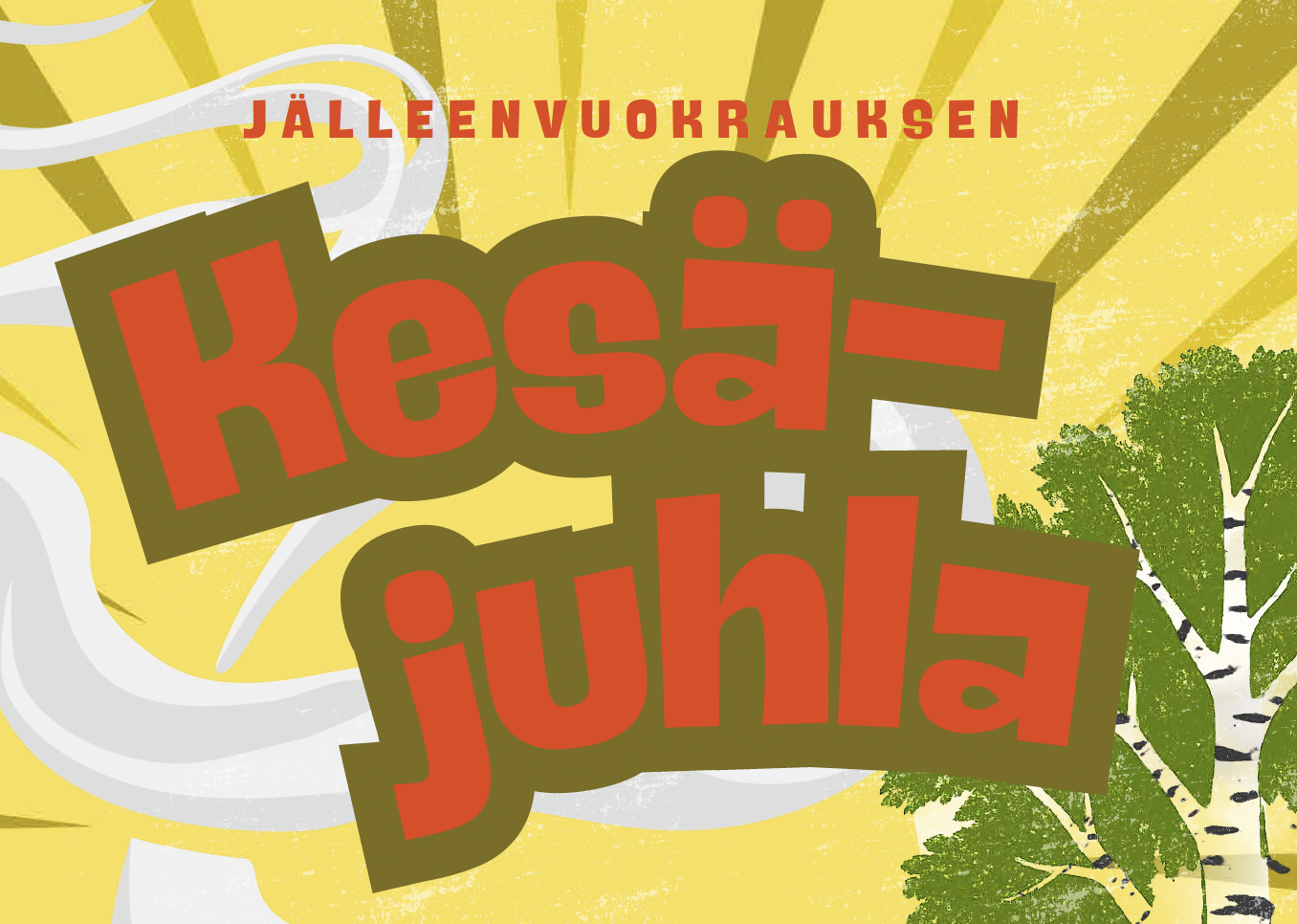 Affisch med texten "Jälleenvuokrauksen Kesäjuhla" på en gul bakgrund med grafiska element som träd och strålar.