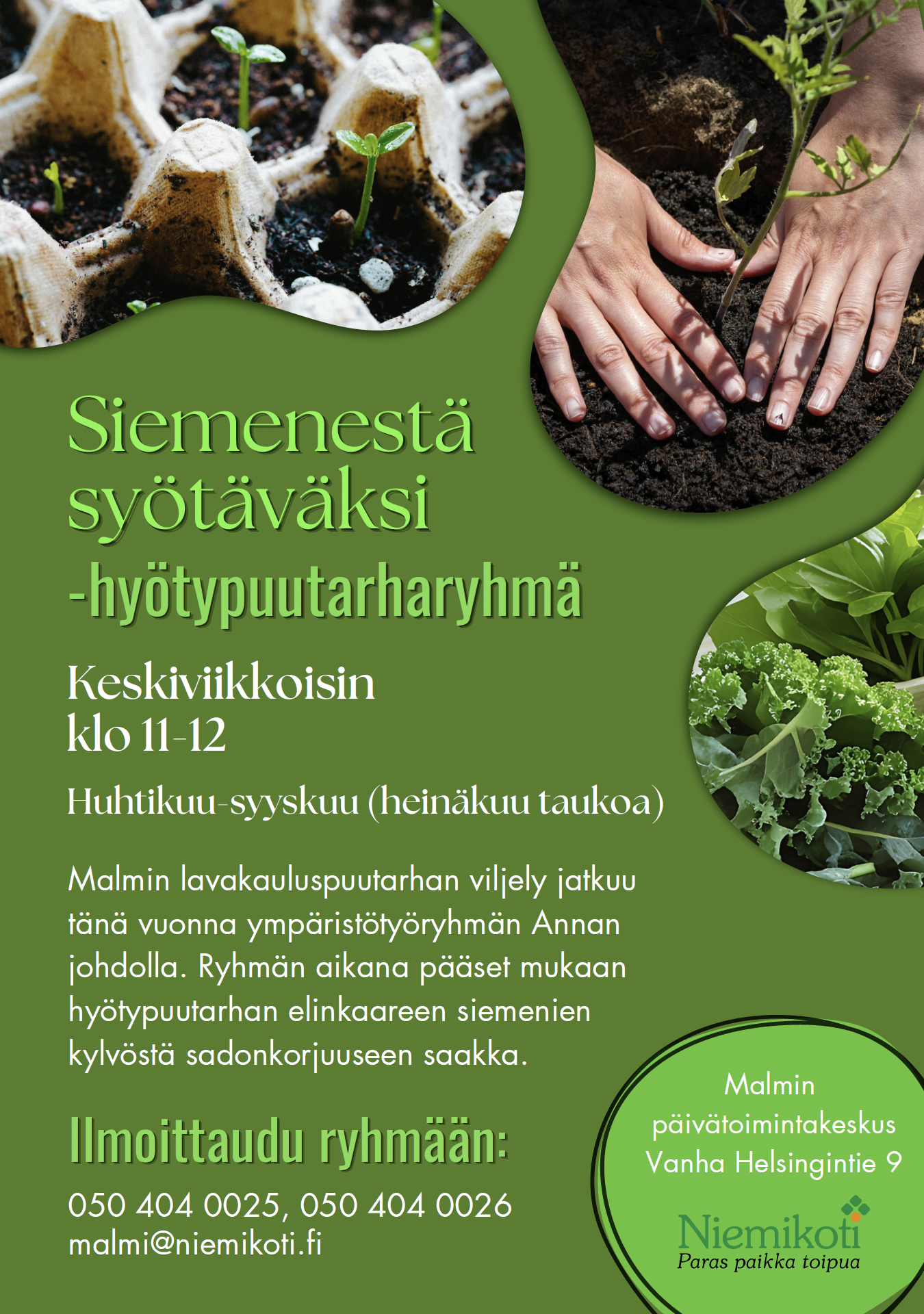 Affisch som annonserar en trädgårdsgrupp för att odla ätbara växter, med information om tid, plats och kontaktuppgifter.