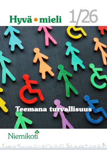 Värikkäitä ihmishahmojen ja esteettömyyssymbolien muotoja mustalla taustalla, jossa tekstit 