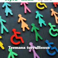 Värikkäitä ihmishahmojen ja esteettömyyssymbolien muotoja mustalla taustalla, jossa tekstit "Hyvä mieli 1/26" ja "Teemana turvallisuus".