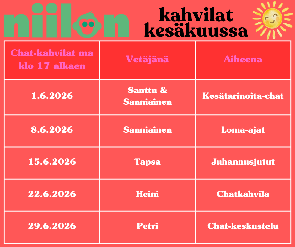 Taulukko kesäkuun 2026 chat-kahviloista, joissa on päivämäärät, vetäjät ja aiheet.