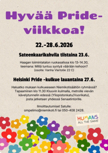 Pride-viikon tapahtumat ja aikataulut, mukaan lukien Sateenkaari kahvila ja Helsinki Pride -kulkuet.