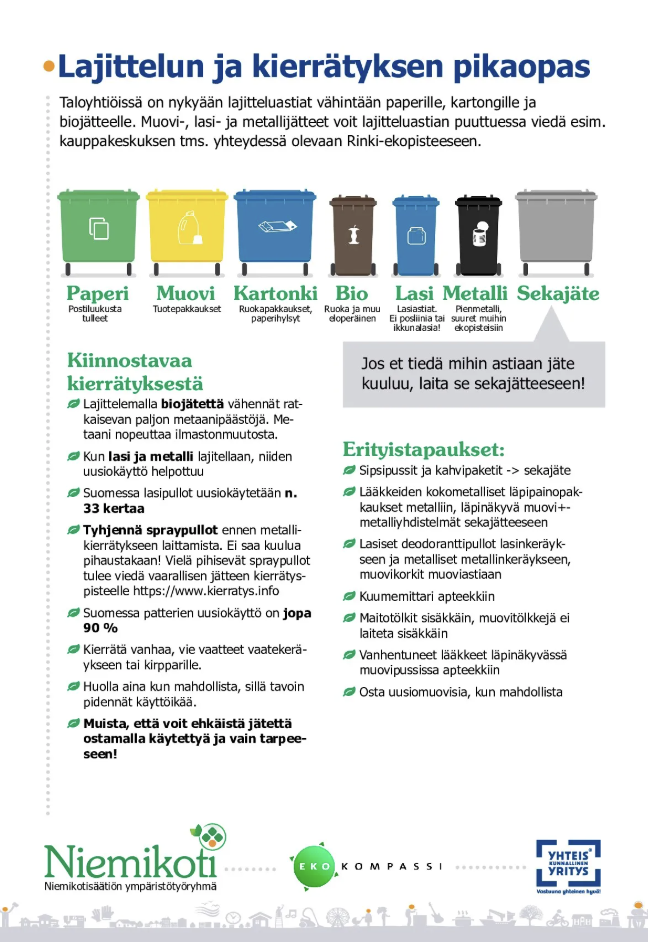 Opas lajitteluun ja kierrätykseen, jossa esitetään eri jäteastiat ja ohjeet bio-, muovi-, lasi-, metalli- ja sekajätteelle.