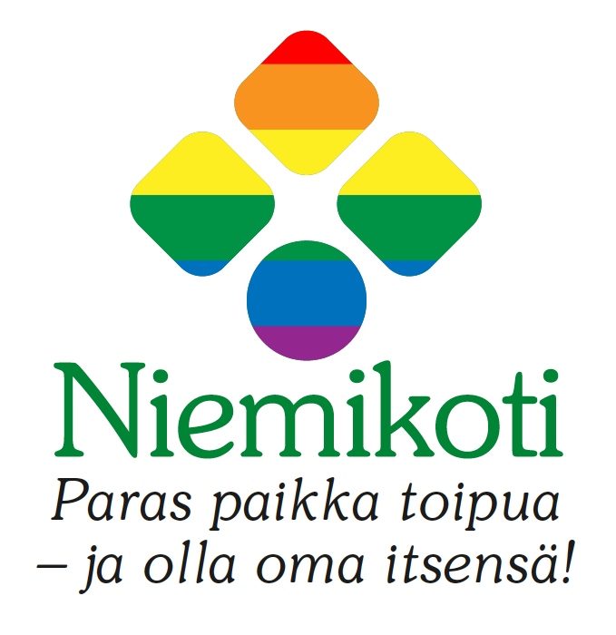 Niemikoti-logo, jossa on värikkäitä symboleja ja teksti "Paras paikka toipua – ja olla oma itsensä!