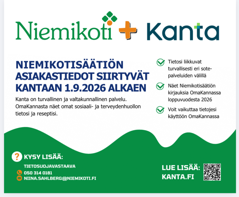 Niemikotisäätiön asiakastiedot siirtyvät Kantaan 1.9.2026 alkaen