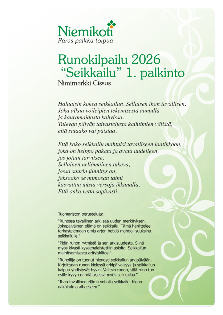 Runokilpailun 2026 "Seikkailu" 1. palkintodiplomi, jossa on runo ja ohjeita.