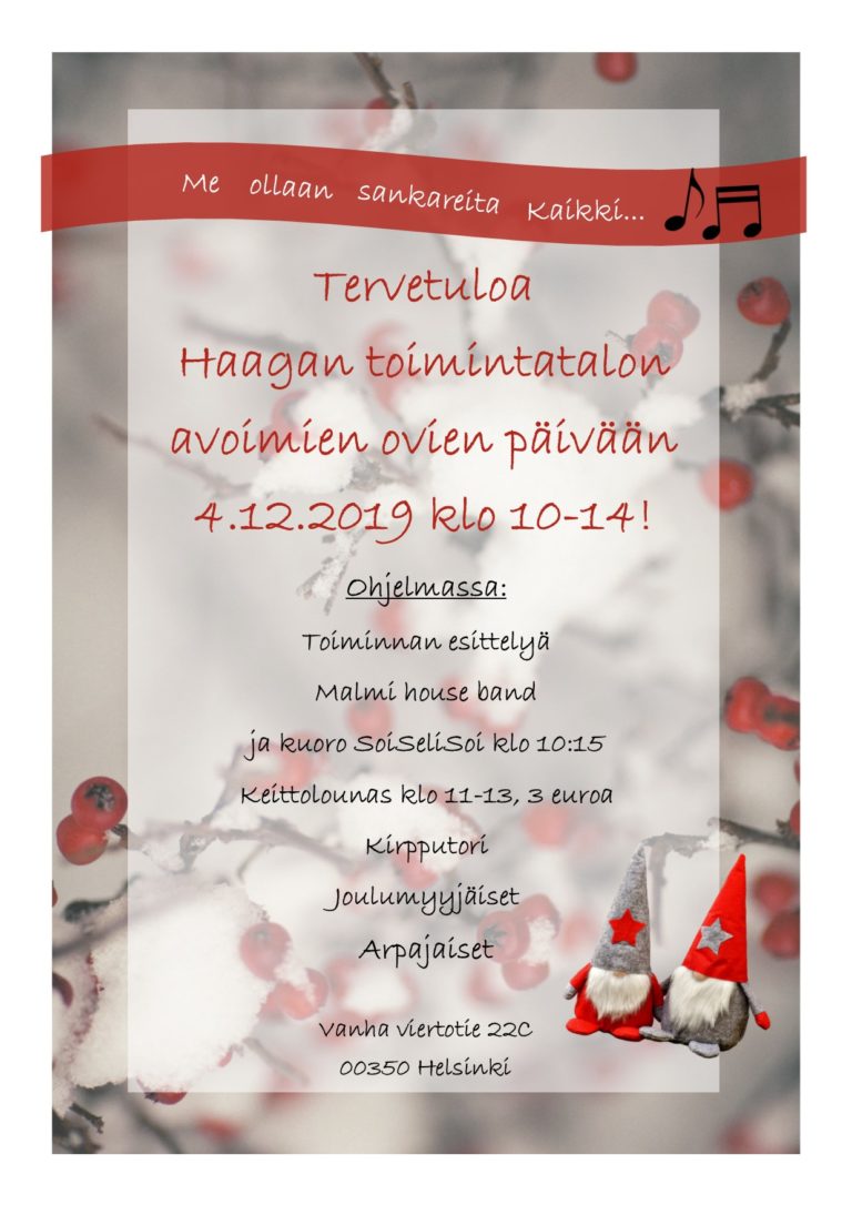 Lämpimästi tervetuloa Haagan toimintatalon avoimiin oviin 4.12.!