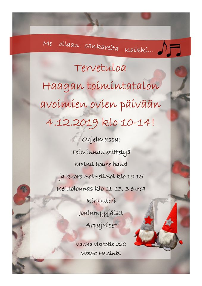 Tänään kannattaa poiketa Haagan toimintatalossa :)