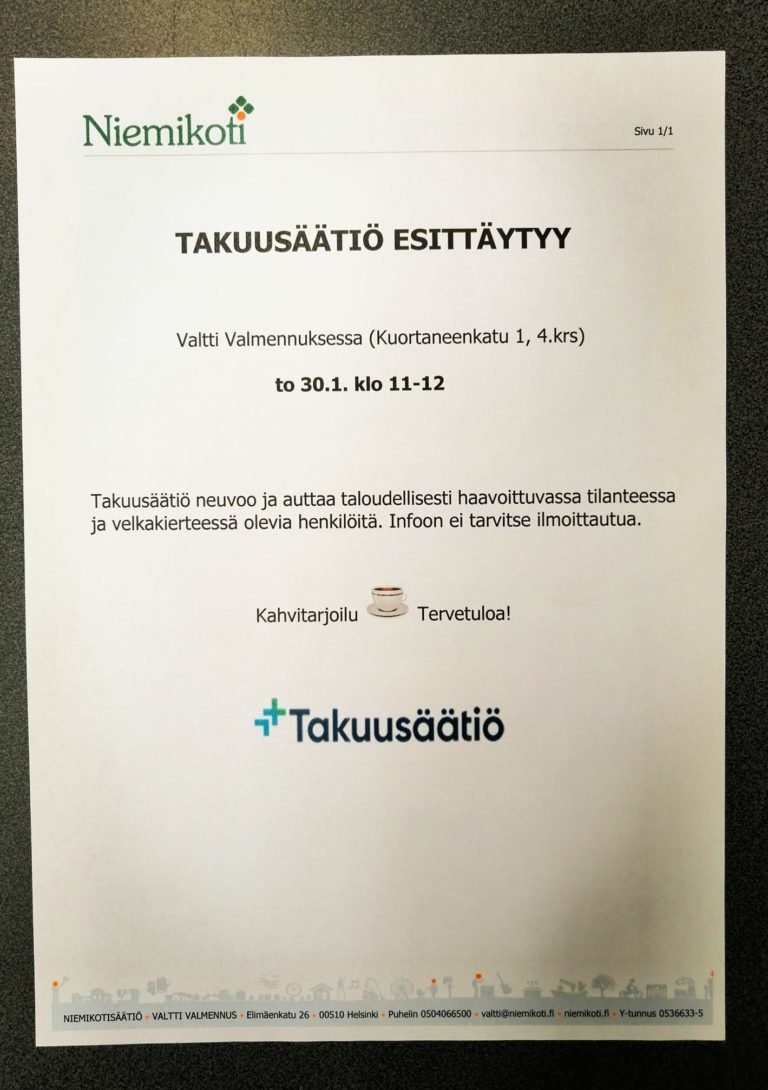 Valtti Valmennuksessa järjestetään torstaina 30.1. Takuusäätiön info klo 11-12…