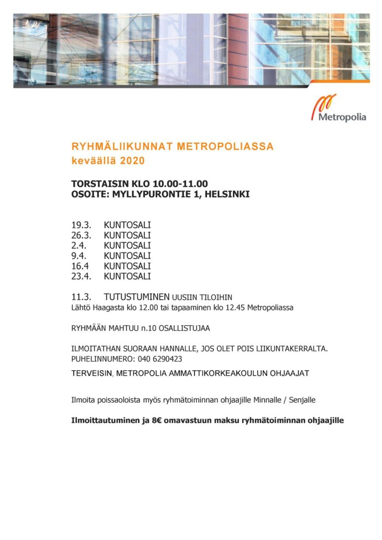 Metropolian kanssa yhteistyössä järjestettävään kuntosaliryhmään ilmoittauminen …