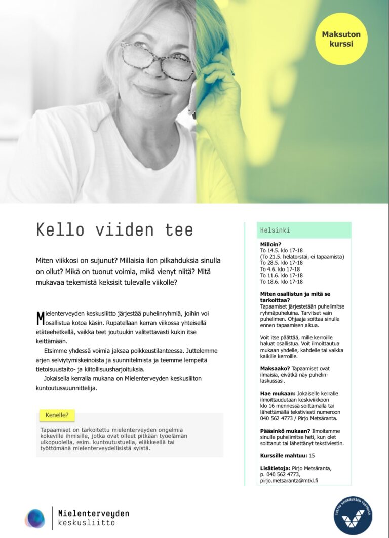 Mielenterveyden keskusliitto järjestää puhelinryhmiä joihin voi osallistua kotoa…