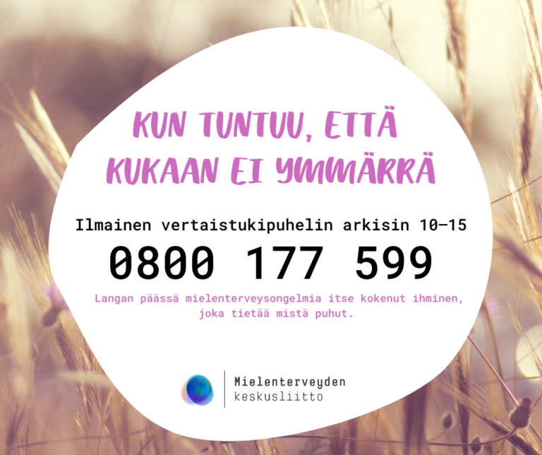 Mielenterveyden keskusliiton ilmainen vertaistukipuhelin auki arkisin 10–15.