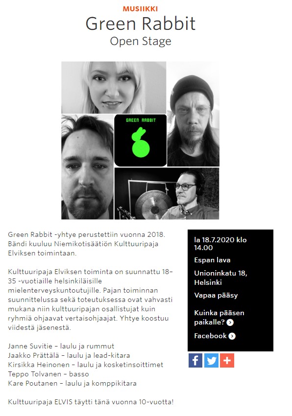 Green Rabbit Esapan lavalla tänään klo 14.00!
 Tervetuloa tansahtelemaan ja naut…