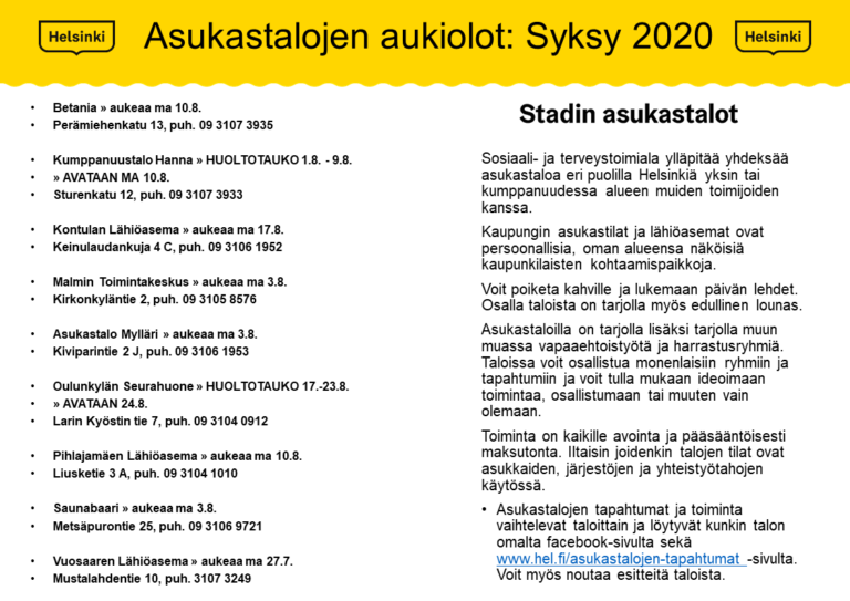 Stadin asukastalot aukavat portaittain. Asukastaloissa on monenlaista toimintaa ja tapahtumia.