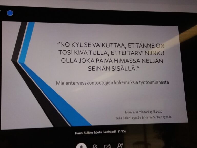 Tänään seurasimme etänä sosionomiopiskelijoiden meillä tekemää lopputyötä aiheel...