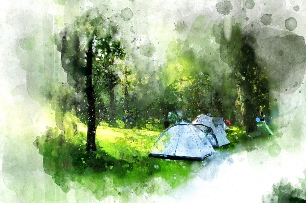 Akvarelli teltoista metsässä.