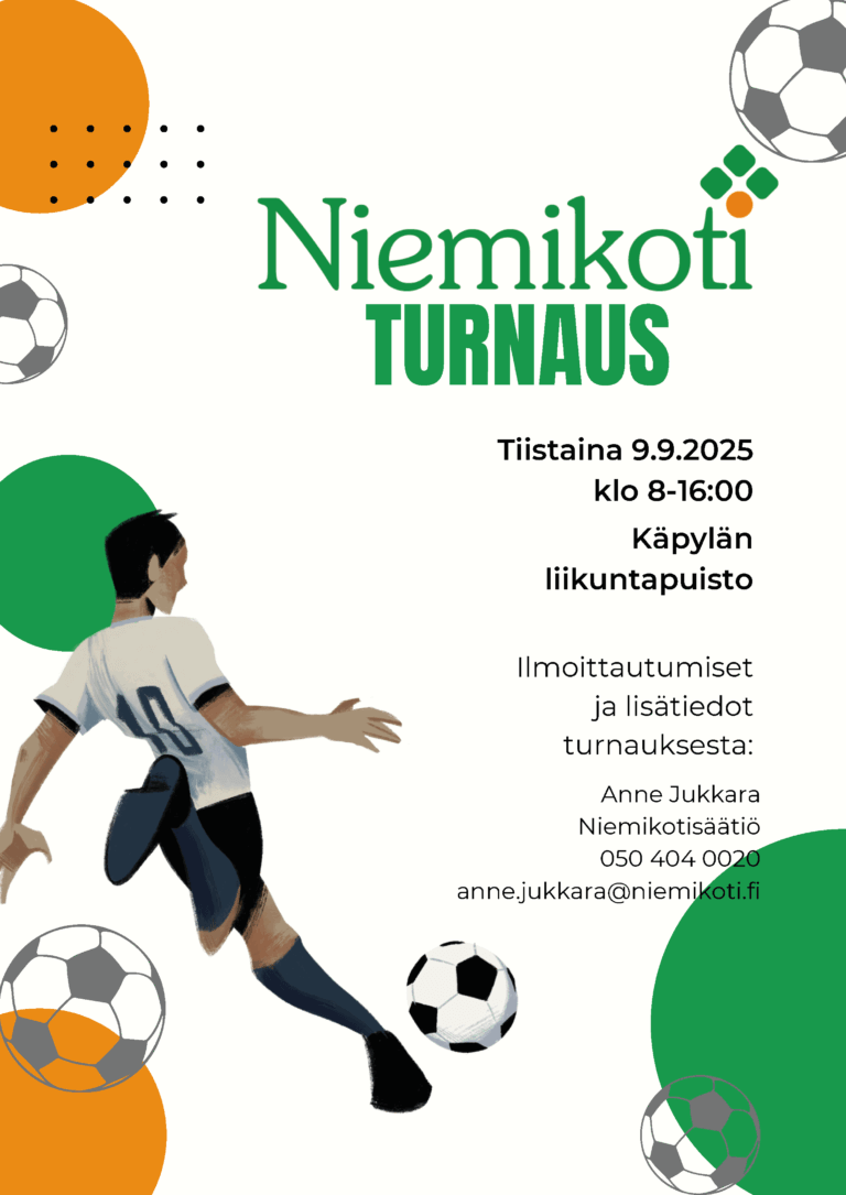 Kuvassa on mainos Niemikoti-turnauksesta, joka järjestetään tiistaina 9.9.2025 klo 8-16:00 Käpylän liikuntapuistossa. Oikealla on jalkapalloilijan kuvituspotretti, muutama jalkapallo ja värillisiä