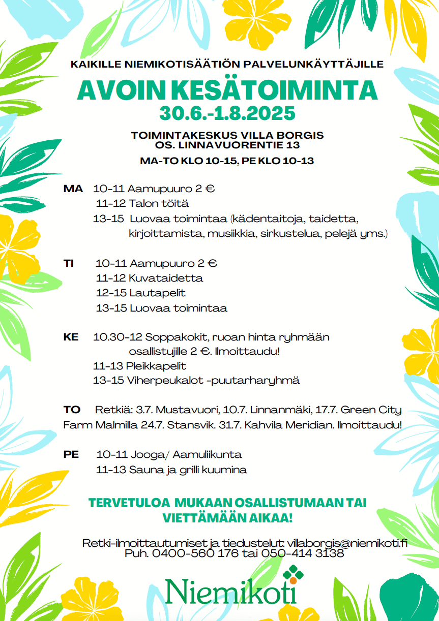 Alt-teksti: Värikäs juliste Niemikotisäätiön avoimesta kesätoiminnasta 30.6.-1.8.2025. Tapahtumapaikka on Toimintakeskus Villa Borgis. Ohjelmaa on maanantaista perjantaihin, sisältäen aam