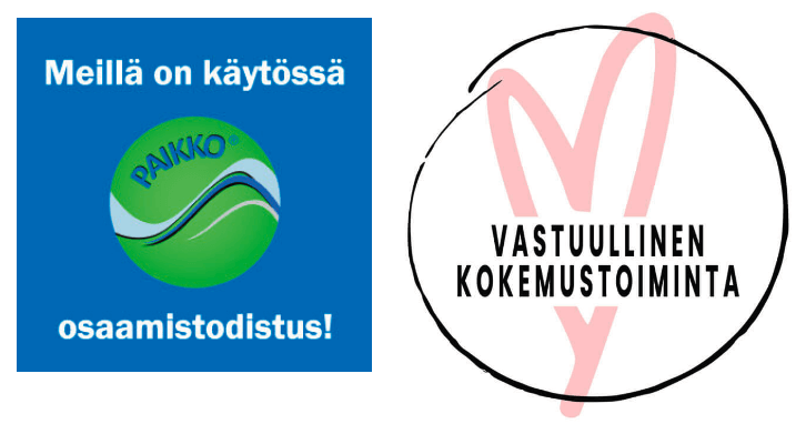 Kaksi vierekkäistä logoa, vasemmalla mukana teksti "Maillä on käytössä PAIKKO osaamistodistus!" ja oikealla ympyrän keskellä oleva sydän, jossa teksti VASTUULLINEN KOKEMUSTOIMINTA