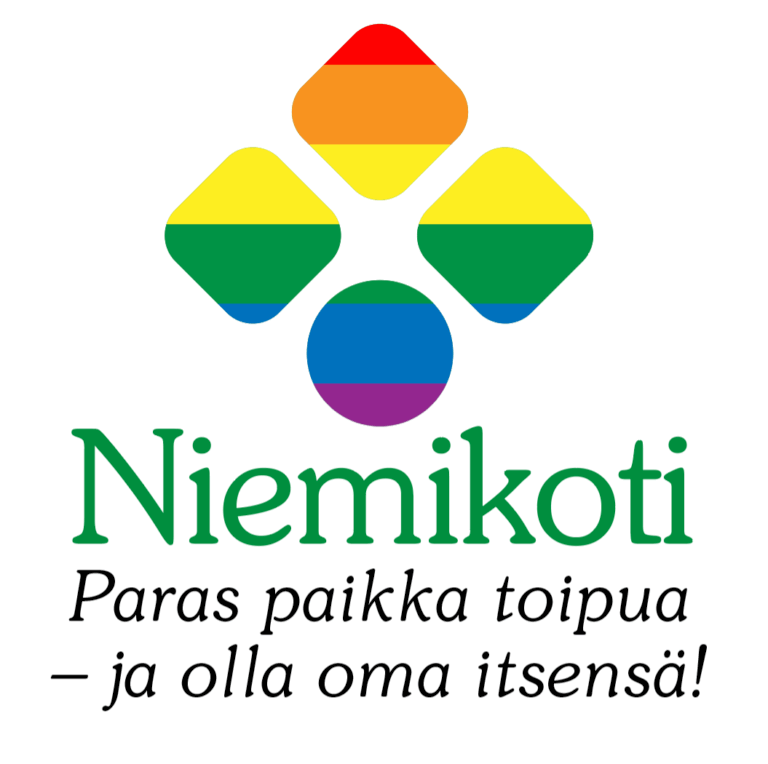 Logo, jossa on neljä sateenkaaren väristä geometrista muotoa. Alla teksti: Niemikoti Paras paikka toipua — ja olla oma itsensä!
