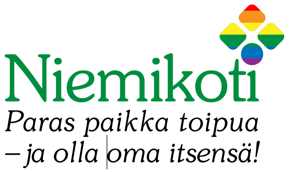Niemikodin logo, jossa lukee vihreällä tekstillä Niemikoti. Alapuolella pienemmällä fontilla teksti: Paras paikka toipua - ja olla oma itsensä! Logo sisältää myös neljä yhteenliittyvää, värikästä ympyrää, jotka muodostavat ristin mu